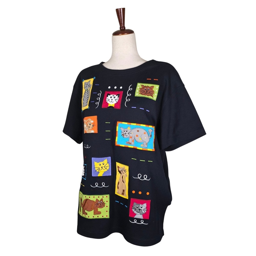 Vintage Wearable Art Cat Shirt Size L Embroidered 90s Mom Colorful Cottagecore - Picture 2 of 14